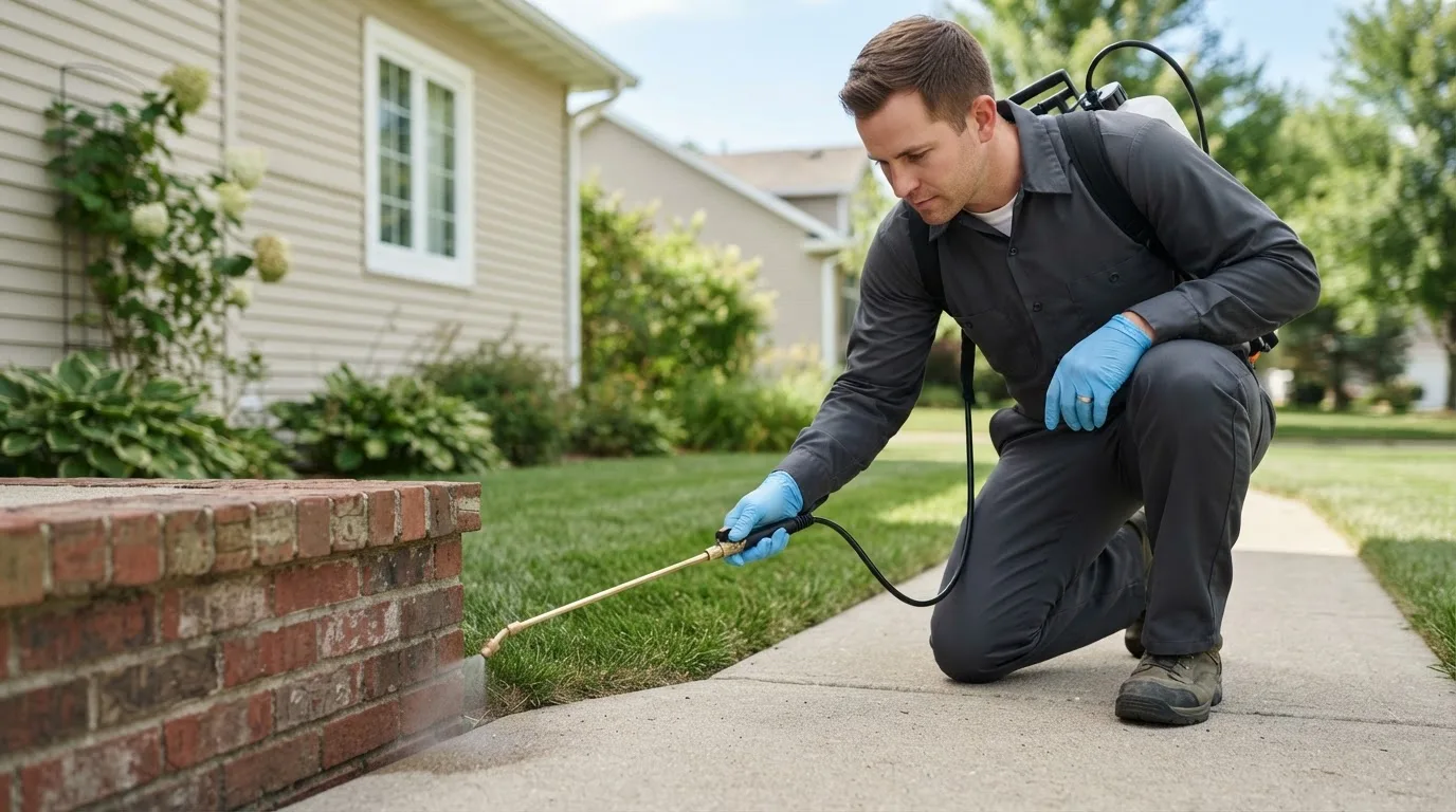 Pest control technician treating a home near Higganum, CT