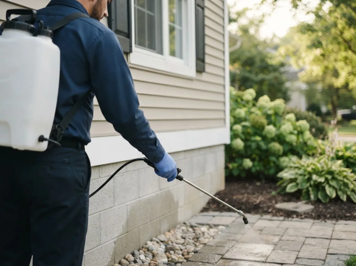 Pest control technician inspecting a home in Higganum, CT